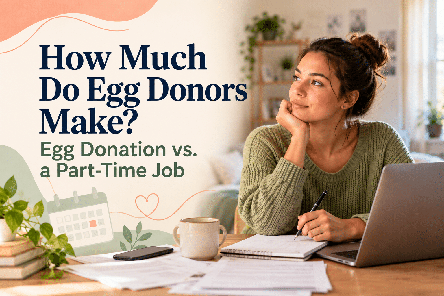 Student reviewing finances at a desk beneath the title “Egg Donation vs. a Part-Time Job